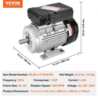 Motor Eléctrico de 0.75KW 1400 rpm, AC 220~240V 5.45A, Marco 80, B3, Motor de Compresor de Aire Monofásico, Eje Con Diente de 19mm, Rotación CW/CCW para Maquinaria Agrícola y Equipos Generales