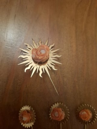 Juego Alfileres Oro Coral Rosa 18K,para dolorosa