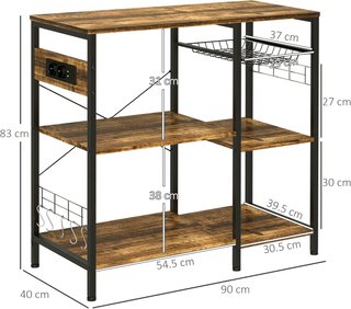 Mueble De Cocina De 3 Estantes En Aglomerado Con Toma De Corriente, Puerto USB Y Cesta Extraíble De Metal, 90X40X83Cm, Marrón Rústico