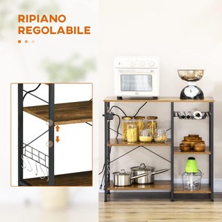 Mueble De Cocina De 3 Estantes En Aglomerado Con Toma De Corriente, Puerto USB Y Cesta Extraíble De Metal, 90X40X83Cm, Marrón Rústico