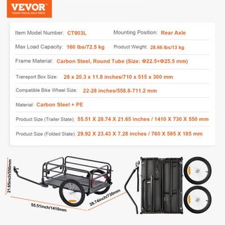 Remolque de Carga para Bicicleta, Capacidad de Carga de 72.5 kg, Carro de Bicicleta de Alta Resistencia, Almacenamiento Compacto Plegable y Liberación Rápida con Enganche Universal, Ruedas de 40.6...