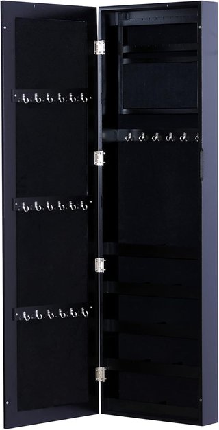 – Armario Joyero de Pared con Espejo en Madera MDF, Negro, 37X9.5X121Cm