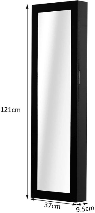 – Armario Joyero de Pared con Espejo en Madera MDF, Negro, 37X9.5X121Cm