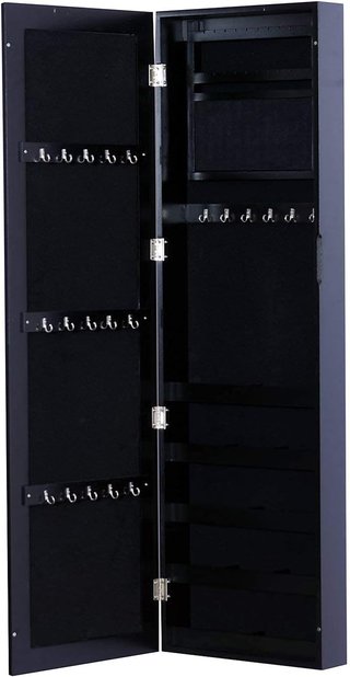 – Armario Joyero de Pared con Espejo en Madera MDF, Negro, 37X9.5X121Cm