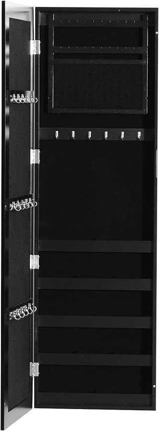 – Armario Joyero de Pared con Espejo en Madera MDF, Negro, 37X9.5X121Cm