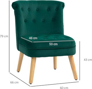 Sillón para Sala de Estar y Comedor con Asiento Acolchado, Silloncito de Habitación con Patas de Madera y Tejido Efecto Terciopelo, 60X66X79 Cm, Verde