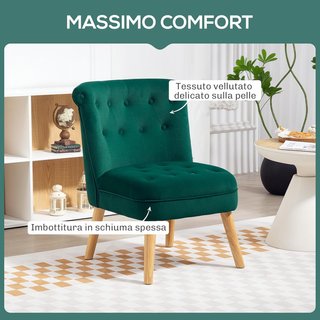 Sillón para Sala de Estar y Comedor con Asiento Acolchado, Silloncito de Habitación con Patas de Madera y Tejido Efecto Terciopelo, 60X66X79 Cm, Verde