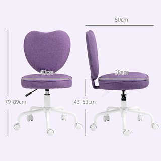 Silla de Escritorio en Forma de Corazón, Silla de Oficina con 5 Ruedas Giratorias y Altura Ajustable en Tela, 40X50X79-89Cm, Violeta