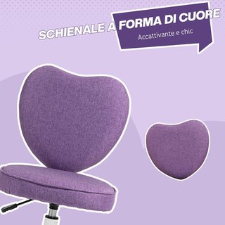 Silla de Escritorio en Forma de Corazón, Silla de Oficina con 5 Ruedas Giratorias y Altura Ajustable en Tela, 40X50X79-89Cm, Violeta