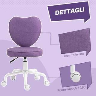 Silla de Escritorio en Forma de Corazón, Silla de Oficina con 5 Ruedas Giratorias y Altura Ajustable en Tela, 40X50X79-89Cm, Violeta