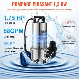 Bomba de Agua Sumergible, 1300W 20000L/H, con Cable de 10 m y Interruptor de Flotador Automático, Acero Inoxidable y Hierro Fundido para Agua Sucia o Limpia, Vaciar Jardines, Piscinas, Jacuzzis