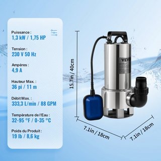 Bomba de Agua Sumergible, 1300W 20000L/H, con Cable de 10 m y Interruptor de Flotador Automático, Acero Inoxidable y Hierro Fundido para Agua Sucia o Limpia, Vaciar Jardines, Piscinas, Jacuzzis
