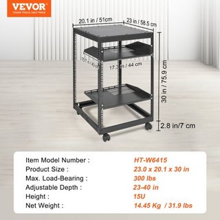 Rack de Servidor Abierto de 15U, Profundidad Ajustable de 58.5-101.6cm/23-40 in, Rack de Servidor de Red Montado en Pared o Independiente, Rack AV de 4 Postes con Ruedas, Soporta Todo Su Equipo de...