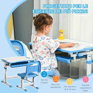 Banco Escolar para Niños de 6-12 Años Ajustable en Altura, Set de Escritorio y Silla para Niños con Superficie Inclinable a 45°, Cajón, 2 Portalápices y Gancho, Azul