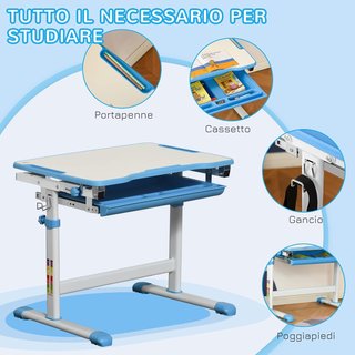 Banco Escolar para Niños de 6-12 Años Ajustable en Altura, Set de Escritorio y Silla para Niños con Superficie Inclinable a 45°, Cajón, 2 Portalápices y Gancho, Azul