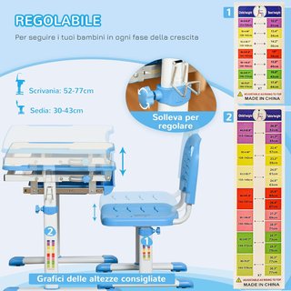 Banco Escolar para Niños de 6-12 Años Ajustable en Altura, Set de Escritorio y Silla para Niños con Superficie Inclinable a 45°, Cajón, 2 Portalápices y Gancho, Azul