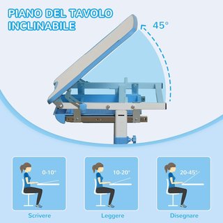 Banco Escolar para Niños de 6-12 Años Ajustable en Altura, Set de Escritorio y Silla para Niños con Superficie Inclinable a 45°, Cajón, 2 Portalápices y Gancho, Azul