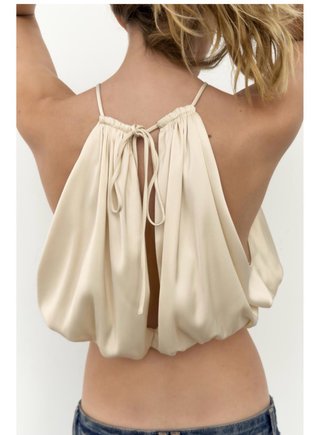 Top Crop Satinado Halter Globo Zara Beige Blanco