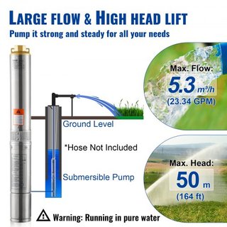 Bomba Sumergible de Pozo Profundo, 370W 230V 50Hz, 5.3 m³/h Caudal Máximo 50 m (164 pies) Altura Máxima, con Cable Eléctrico de 9.1 m, Bombas de Agua de Acero Inoxidable para Riego Industrial y Us...