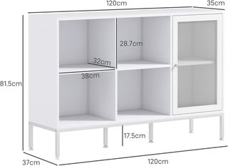 Mueble Buffet Con 4 Estantes Abiertos Regulables Y Armario Con Puerta De Rejilla, Mueble Contenedor De Aglomerado Y Acero, 120X37X81.5 Cm, Blanco