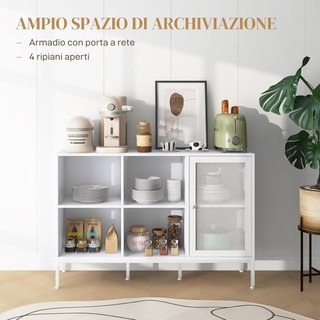 Mueble Buffet Con 4 Estantes Abiertos Regulables Y Armario Con Puerta De Rejilla, Mueble Contenedor De Aglomerado Y Acero, 120X37X81.5 Cm, Blanco