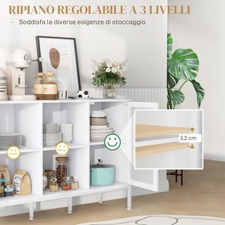 Mueble Buffet Con 4 Estantes Abiertos Regulables Y Armario Con Puerta De Rejilla, Mueble Contenedor De Aglomerado Y Acero, 120X37X81.5 Cm, Blanco