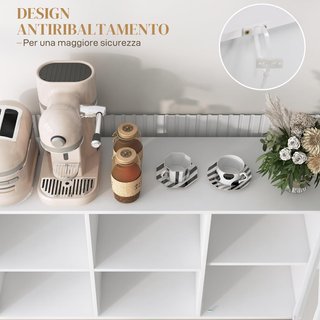 Mueble Buffet Con 4 Estantes Abiertos Regulables Y Armario Con Puerta De Rejilla, Mueble Contenedor De Aglomerado Y Acero, 120X37X81.5 Cm, Blanco