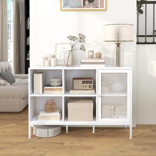 Mueble Buffet Con 4 Estantes Abiertos Regulables Y Armario Con Puerta De Rejilla, Mueble Contenedor De Aglomerado Y Acero, 120X37X81.5 Cm, Blanco