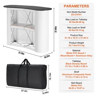 Mesa Podio Portátil para Ferias, 130 × 46,5 × 95 cm, Mostrador de Exhibición, Stand de Feria con Pared, Mesa de Bar de Promoción Plegable, Podio Pop Up con Estante de Almacenamiento, Bolsa de Tran...
