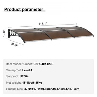 Toldo para Ventana y Puerta 40" x 120", Policarbonato UPF 50+ para Entrada Exterior, Toldo de Sobrepuerta para Protección Solar, UV, Lluvia, Nieve, Hoja Hueca