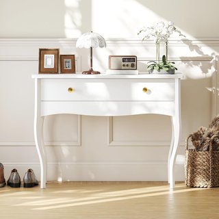 Consola de Entrada Elegante con Amplio Cajón de Almacenamiento, Mesa Consola de Madera con Patas Curvas, Mesa de Entrada para Dormitorio, Moderna, 100X40X74 Cm, Blanca