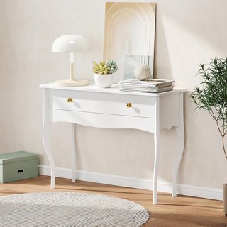 Consola de Entrada Elegante con Amplio Cajón de Almacenamiento, Mesa Consola de Madera con Patas Curvas, Mesa de Entrada para Dormitorio, Moderna, 100X40X74 Cm, Blanca