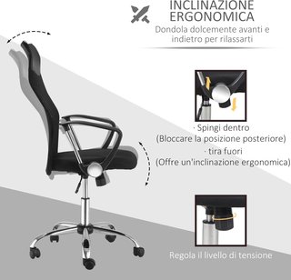 Silla Ergonomica De Oficina Giratoria Y Balanceo Con Ruedas, Altura Ajustable Y Respaldo De Malla, 63X65X109-119 Cm, Negro