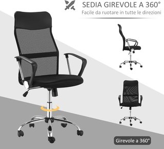 Silla Ergonomica De Oficina Giratoria Y Balanceo Con Ruedas, Altura Ajustable Y Respaldo De Malla, 63X65X109-119 Cm, Negro