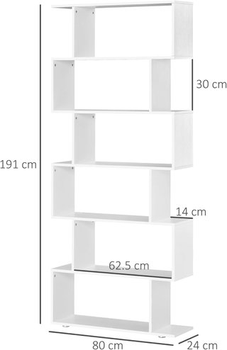 Estantería de Diseño, Estantería de Pared Blanca, 6 Estantes Descompuestos, Estructura en Zig-Zag, Moderna, Resistente, de Madera, para Salón y Oficina, 80X24X191Cm, Blanca
