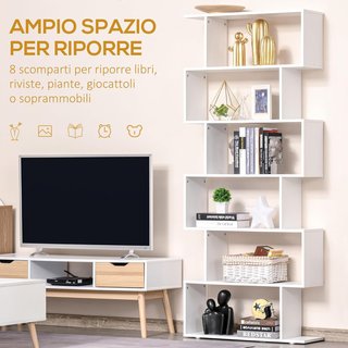 Estantería de Diseño, Estantería de Pared Blanca, 6 Estantes Descompuestos, Estructura en Zig-Zag, Moderna, Resistente, de Madera, para Salón y Oficina, 80X24X191Cm, Blanca