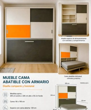 Mueble Cama Abatible Naranja y Gris