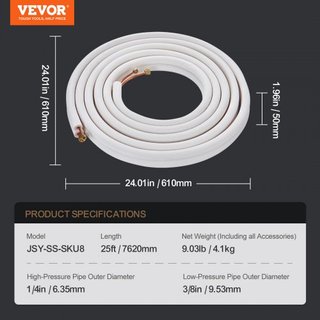 Set di tubi Mini Split da 7620 mm, tubi in rame da 6,4 e 9,5 OD e isolamento a triplo strato, per impianti di climatizzazione o pompe di calore e HVAC con ricchi accessori