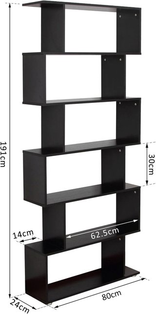 Librería De Diseño, Librería de Pared Negra, 6 Estantes Descompuestos, Estructura en Zig-Zag, Moderna, Resistente, de Madera, para Salón y Oficina, 80X24X191Cm, Negro