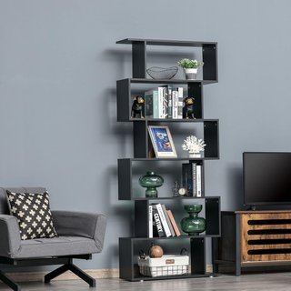 Librería De Diseño, Librería de Pared Negra, 6 Estantes Descompuestos, Estructura en Zig-Zag, Moderna, Resistente, de Madera, para Salón y Oficina, 80X24X191Cm, Negro