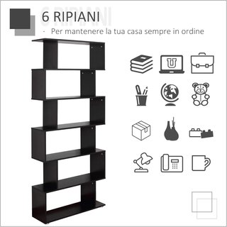 Librería De Diseño, Librería de Pared Negra, 6 Estantes Descompuestos, Estructura en Zig-Zag, Moderna, Resistente, de Madera, para Salón y Oficina, 80X24X191Cm, Negro