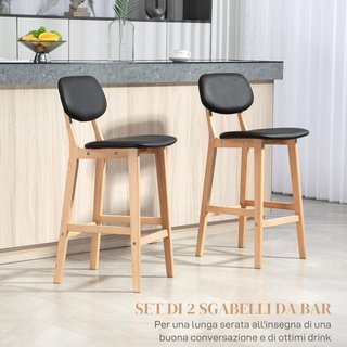 Conjunto de 2 Taburetes de Bar con Respaldo y Tapizado en Cuero Sintético, Taburetes Altos de Cocina con Patas de Madera y Reposapiés, 42X47X92Cm, Negro