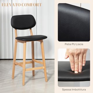 Conjunto de 2 Taburetes de Bar con Respaldo y Tapizado en Cuero Sintético, Taburetes Altos de Cocina con Patas de Madera y Reposapiés, 42X47X92Cm, Negro