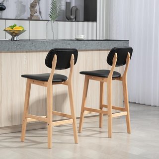 Conjunto de 2 Taburetes de Bar con Respaldo y Tapizado en Cuero Sintético, Taburetes Altos de Cocina con Patas de Madera y Reposapiés, 42X47X92Cm, Negro