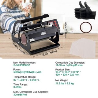 Máquina de Prensa de Calor para Tumbler, Prensa de Taza de 11-30oz, Calienta Rápido y Uniformemente, Prensa de Tumbler con Papel de Sublimación, Cinta y Guantes, Configuración de Temperatura y Tie...