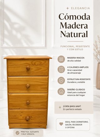 Elegante Cómoda Madera Natural 4 Cajones