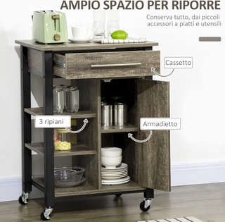 Carrito De Cocina Portacomidas Con Cajón, Estantes, Armario Y 4 Ruedas, Madera De Partículas, 60X50X84.5Cm, Roble