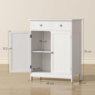 Mueble de Baño de 2 Puertas con Estante Regulable y 2 Cajones, Armario de Baño Ahorra Espacio en Madera, 60X30X75 Cm, Blanco