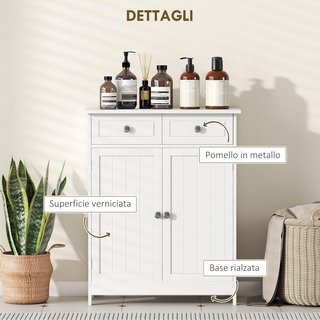 Mueble de Baño de 2 Puertas con Estante Regulable y 2 Cajones, Armario de Baño Ahorra Espacio en Madera, 60X30X75 Cm, Blanco