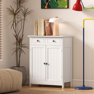 Mueble de Baño de 2 Puertas con Estante Regulable y 2 Cajones, Armario de Baño Ahorra Espacio en Madera, 60X30X75 Cm, Blanco